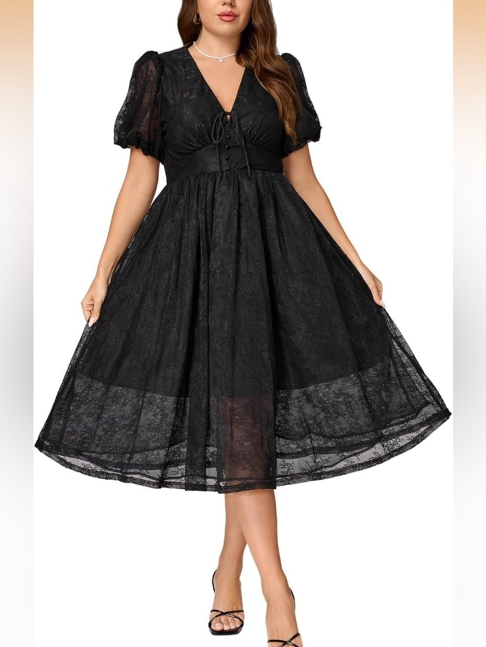 EYWOL L Cocktail Dress - V Neck Short Sleeve Lace Midi Dress 975-4